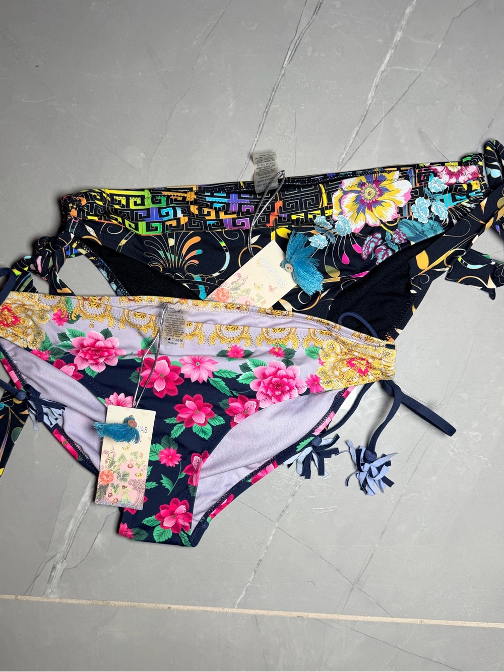 Johnny Was Floral Tie-Side Bikini Bottoms - Navy, Pink, Yellow